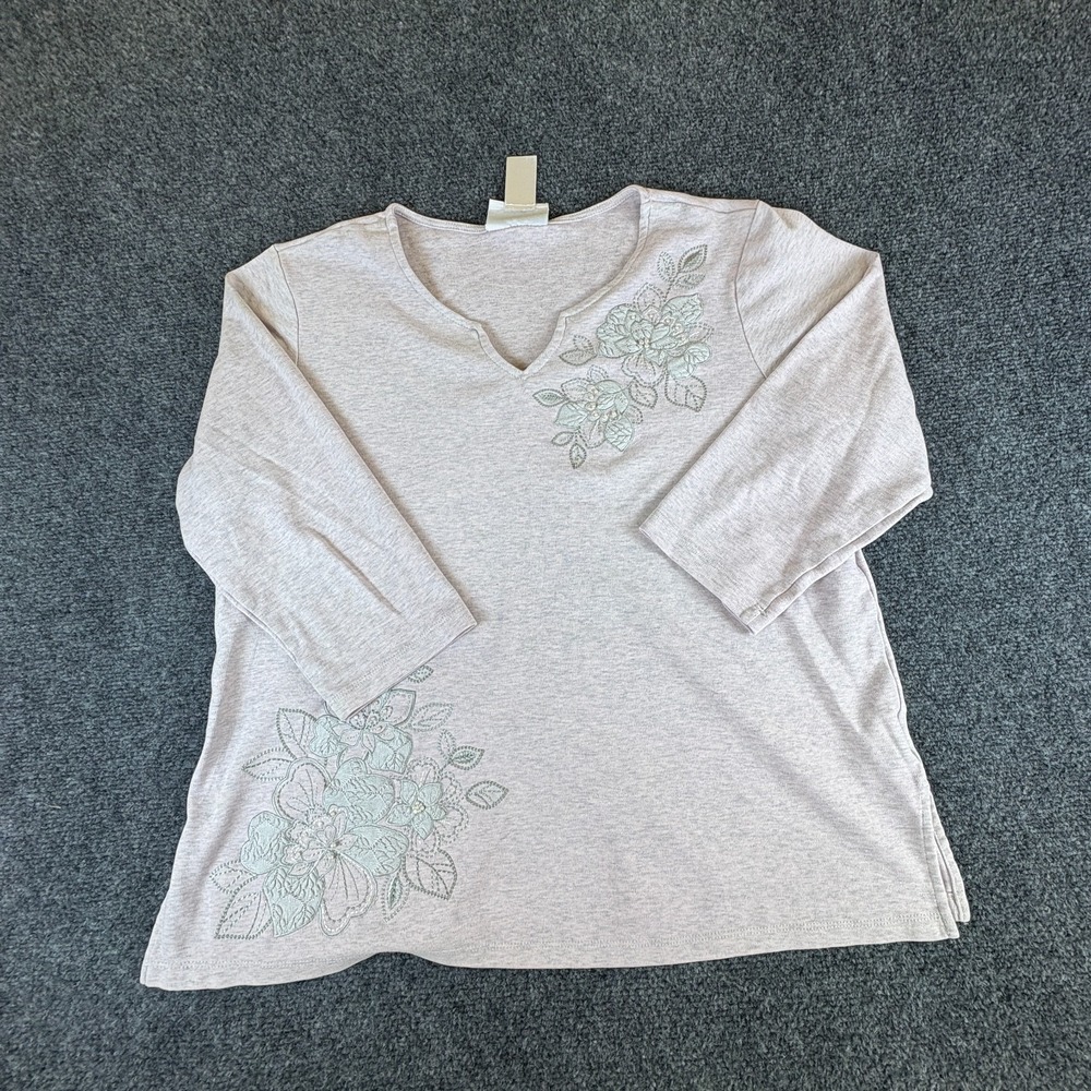 Alfred Dunner Blouse Top Women Medium Heather Gray Floral Embroidered Split Neck